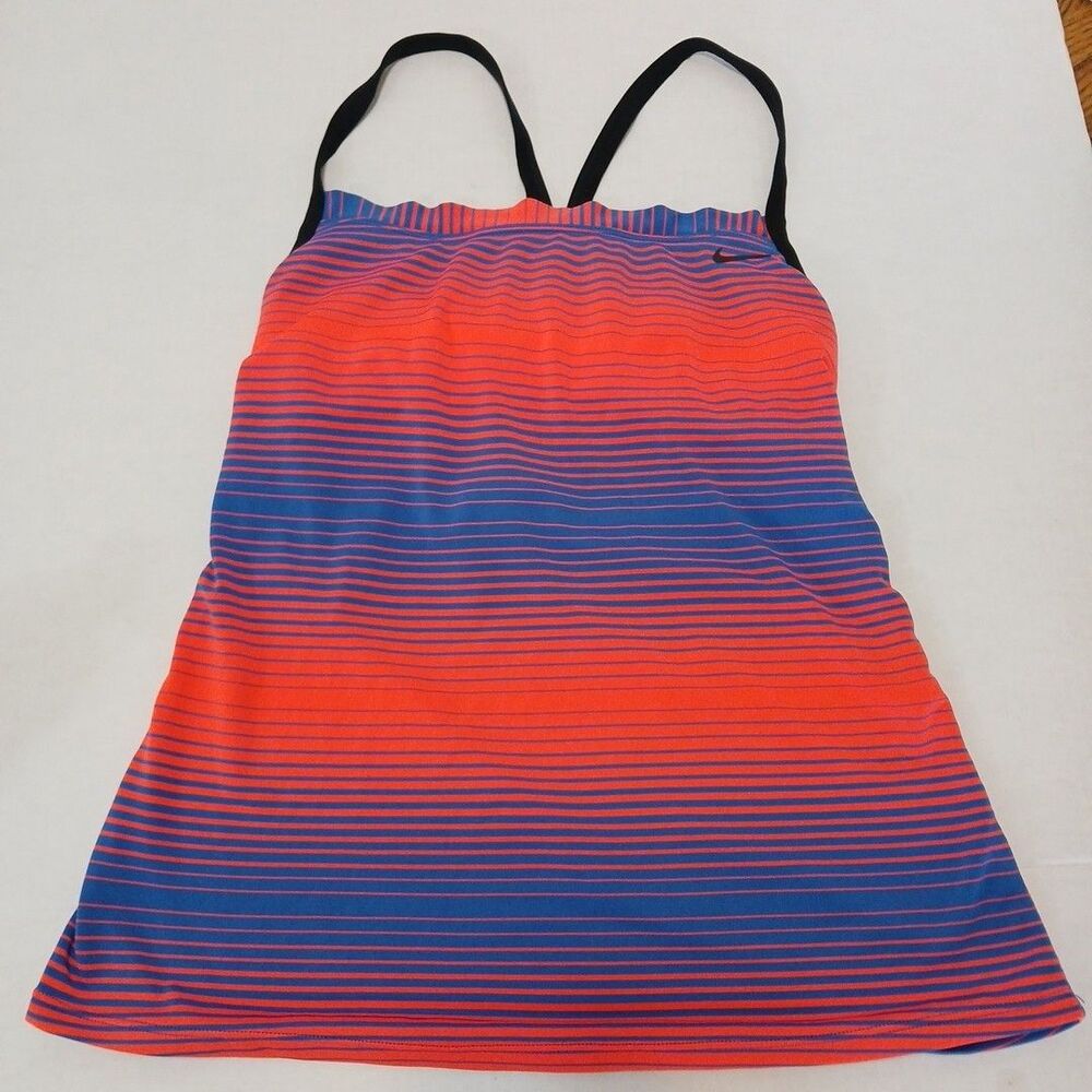 Nike Racerback Tankini Swimsuit TOP ONLY Vibrant Orange/Blue Stripped Sz-Small - Picture 2 of 16
